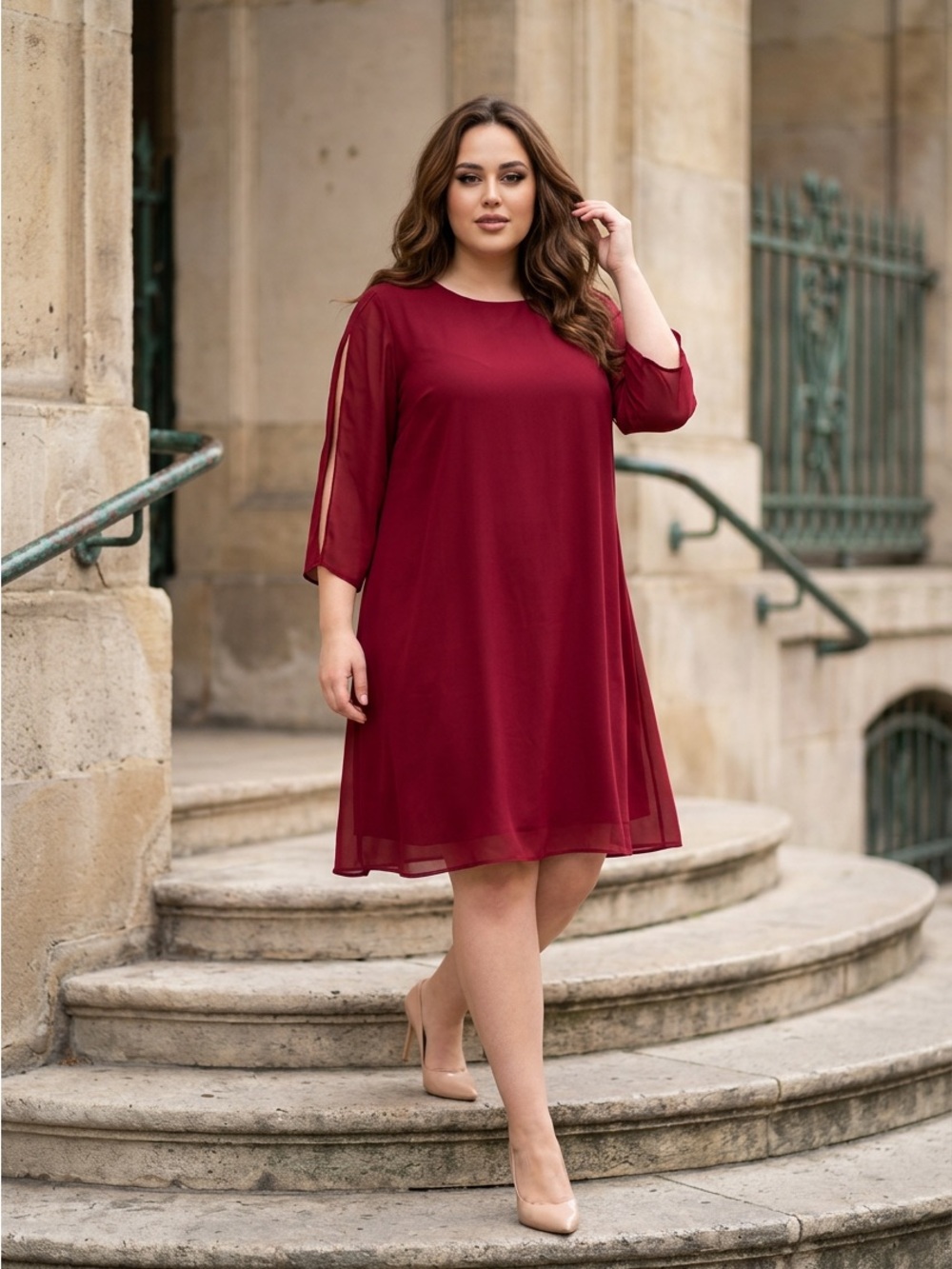 Grace Karin Burgundy Midi A-Line Chiffon Dress